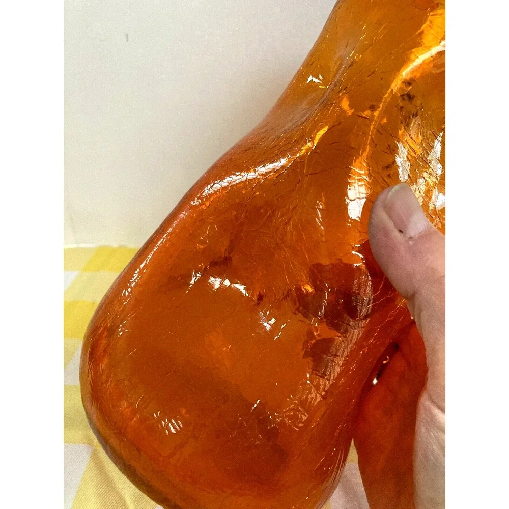 Vintage Blenko crackle glass dimpled tall pitcher Amberina orange clear handle